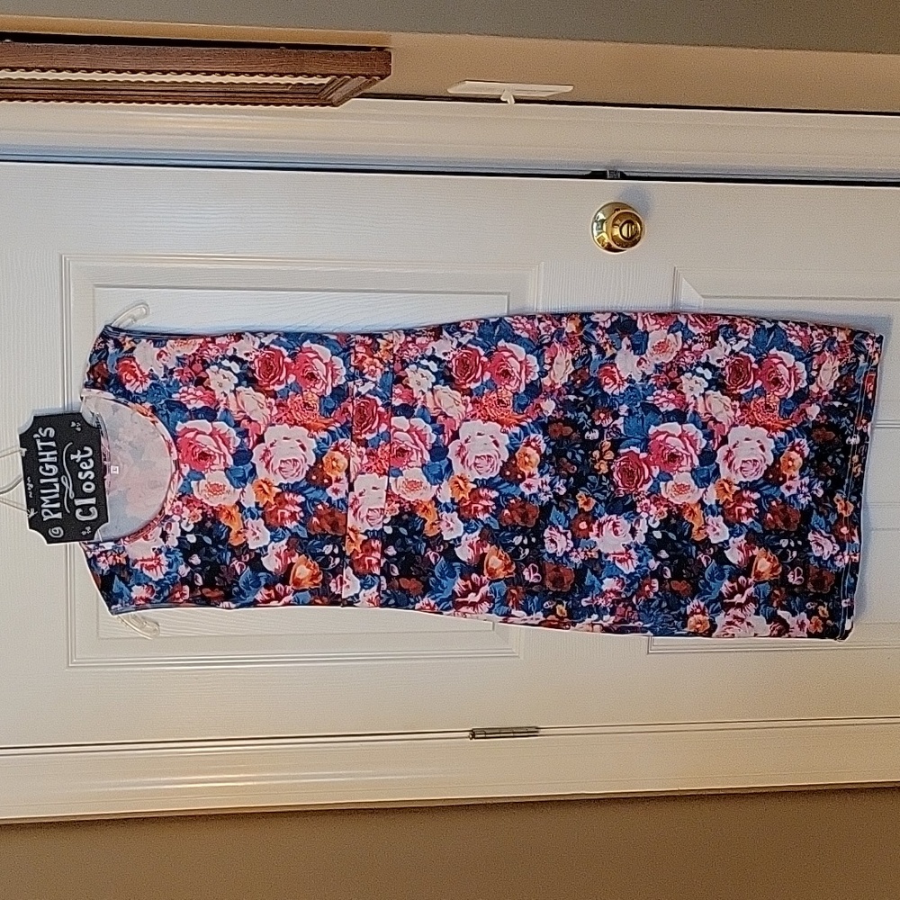 Floral Print Dress Large Tie Back Sleeveless Black Pink Orange White Green